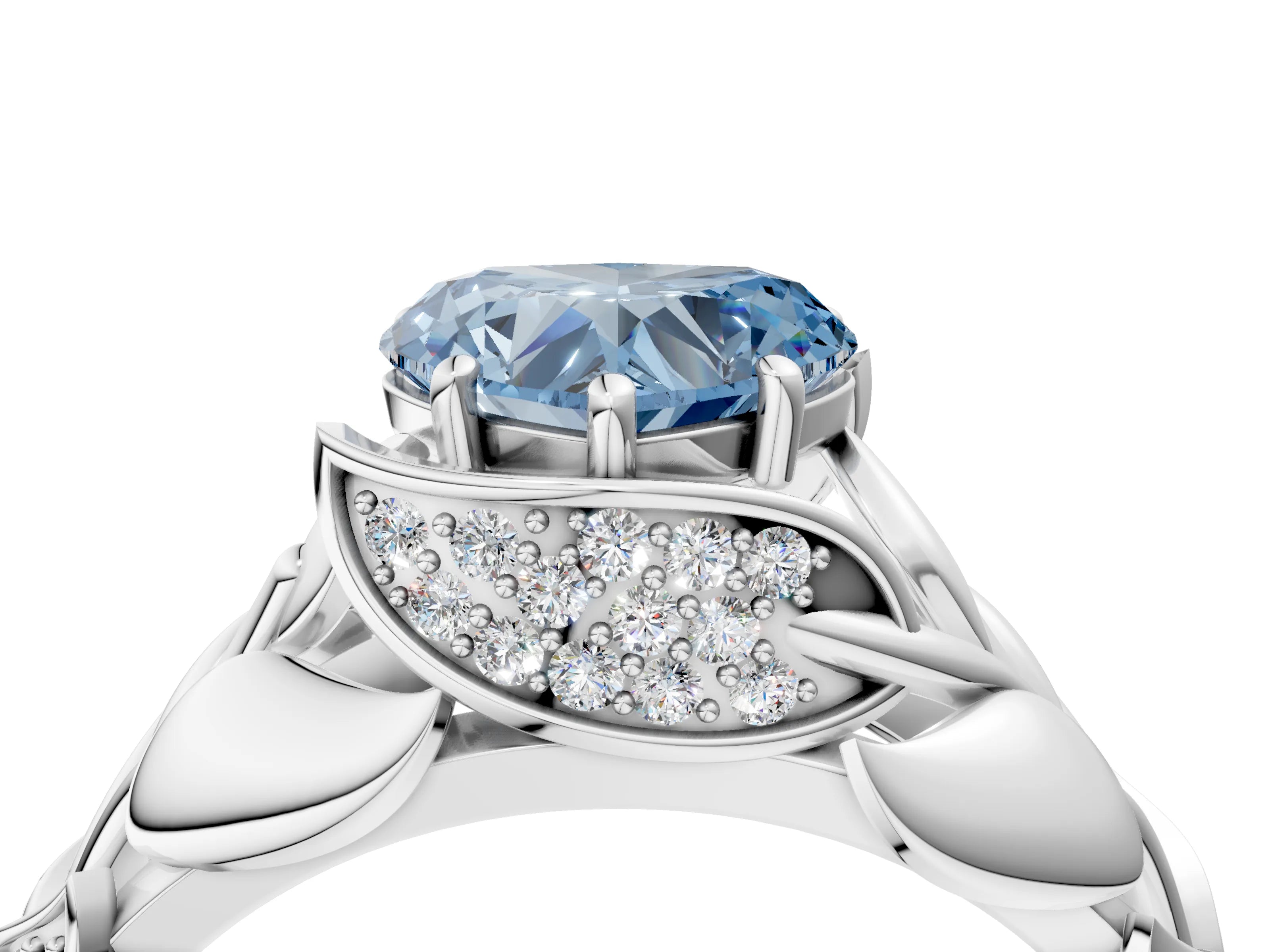 White gold Fancy Blue Heart Cut Solitaire Leaf-Inspired Engagement Ring with Prong Setting_4