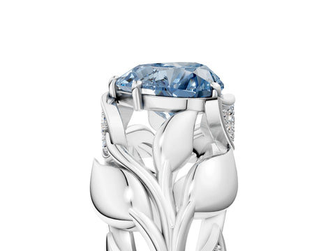 White gold Fancy Blue Heart Cut Solitaire Leaf-Inspired Engagement Ring with Prong Setting_5