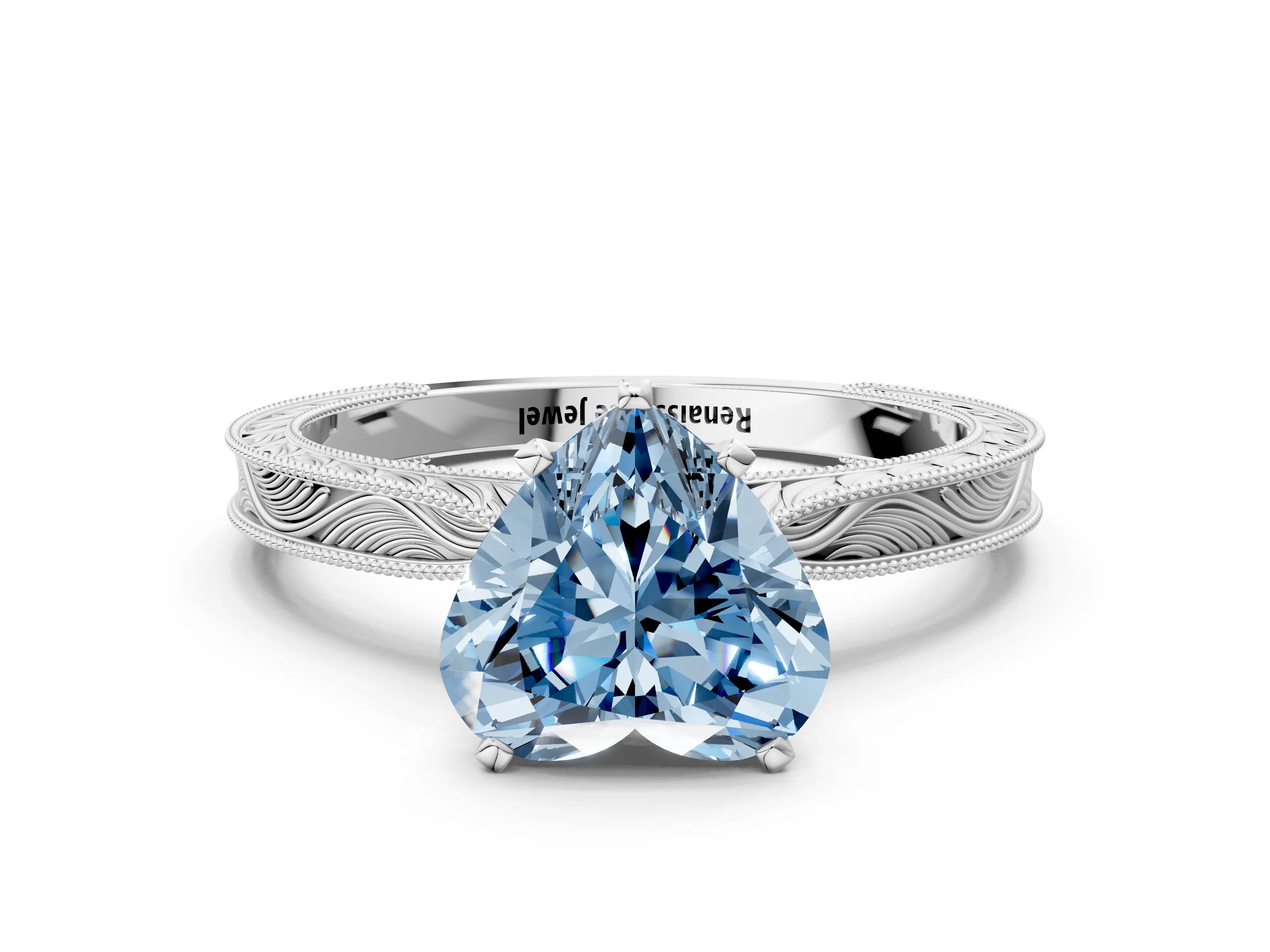 White gold Fancy Blue Heart Cut Solitaire Milgrain Engraved Band with Four-Prong Setting_12