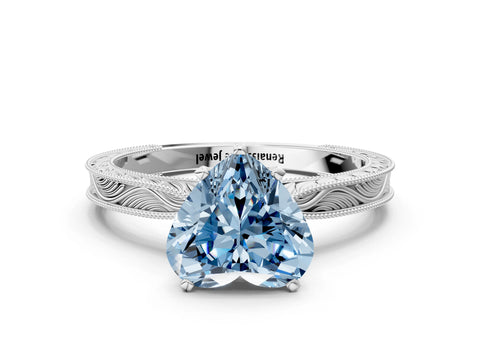 White gold Fancy Blue Heart Cut Solitaire Milgrain Engraved Band with Four-Prong Setting_12