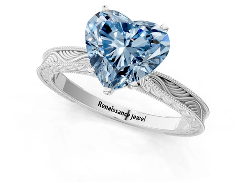 White gold Fancy Blue Heart Cut Solitaire Milgrain Engraved Band with Four-Prong Setting_13
