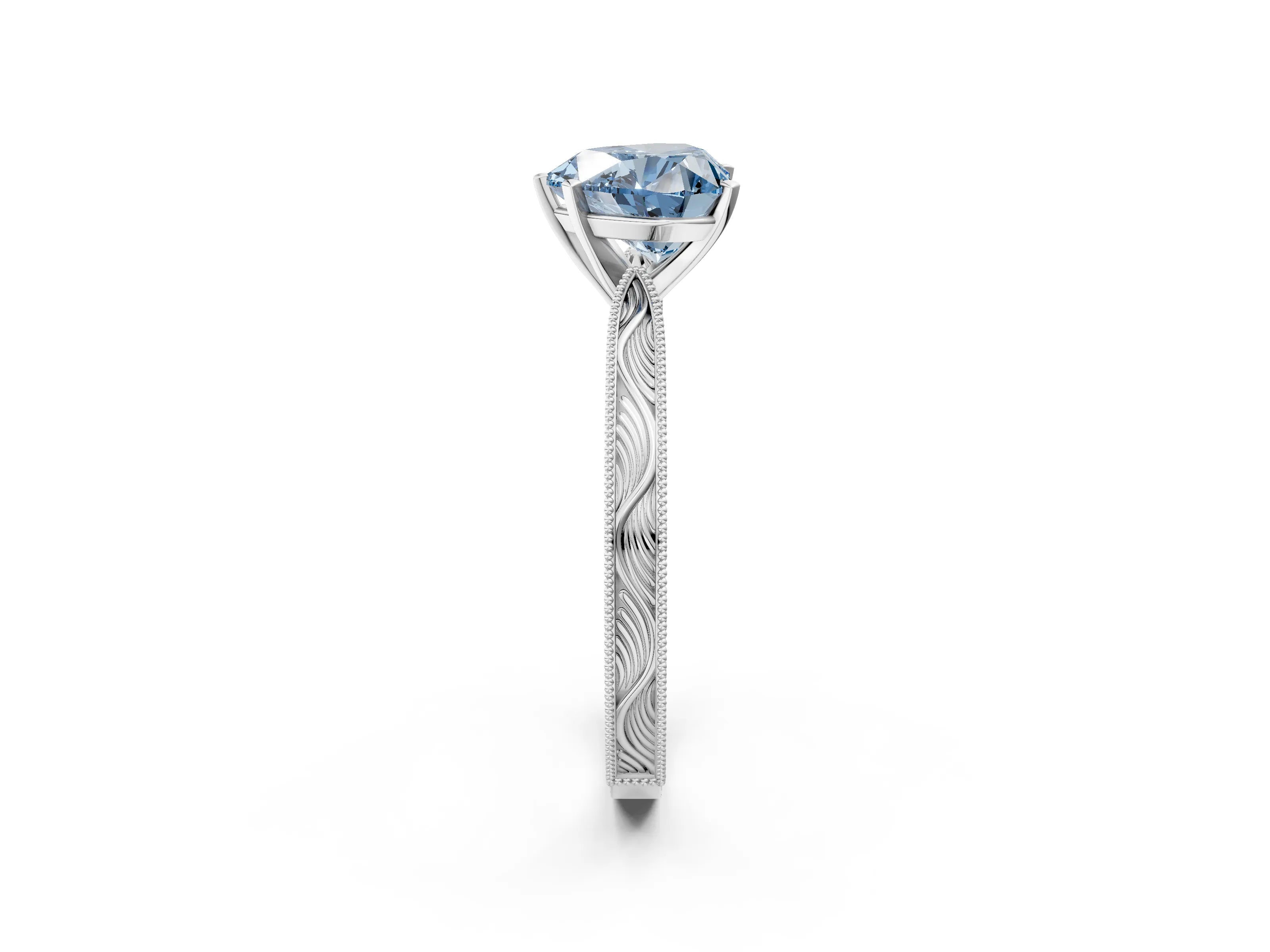 White gold Fancy Blue Heart Cut Solitaire Milgrain Engraved Band with Four-Prong Setting_14