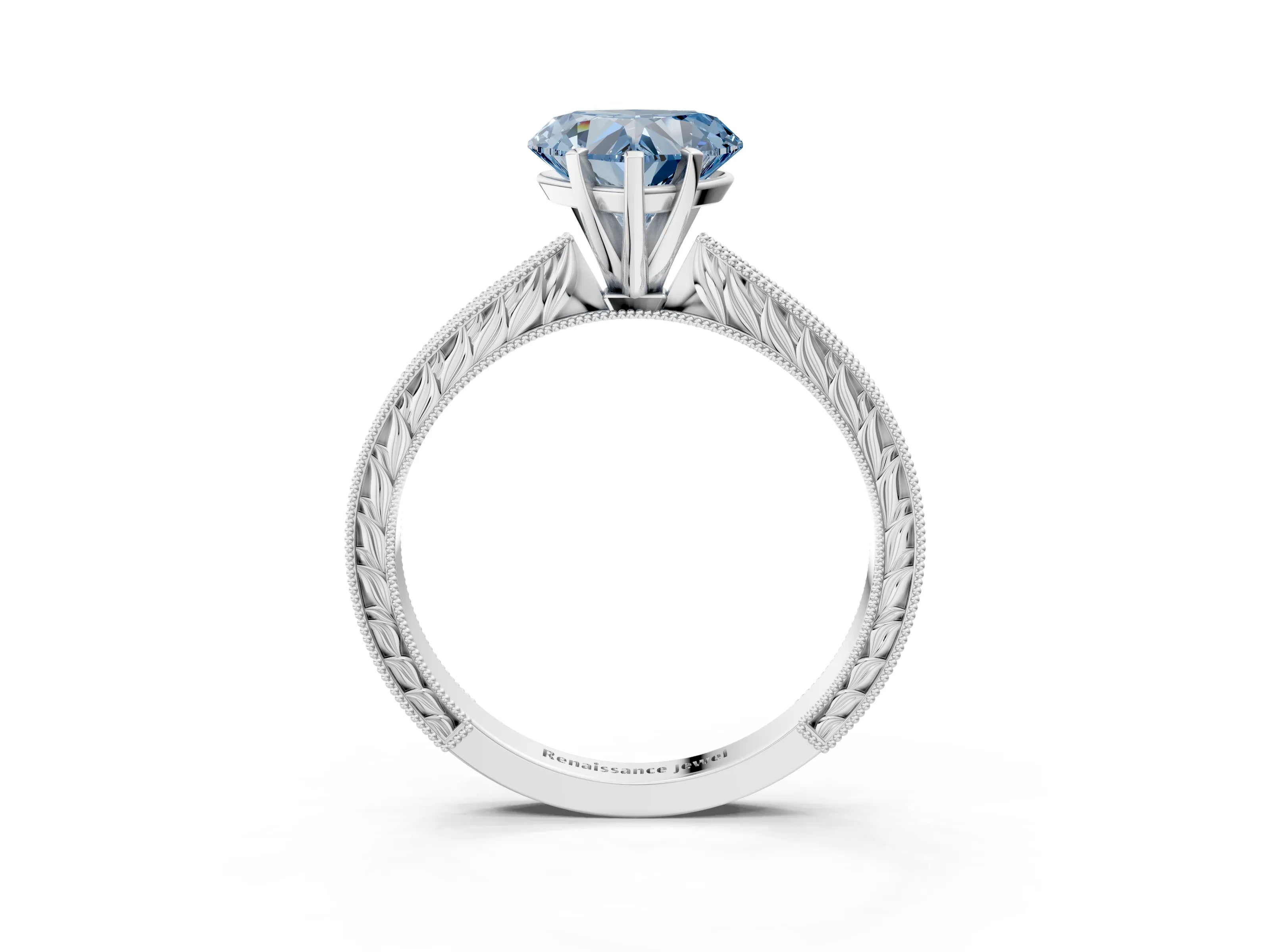 White gold Fancy Blue Heart Cut Solitaire Milgrain Engraved Band with Four-Prong Setting_15