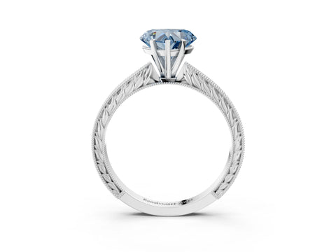 White gold Fancy Blue Heart Cut Solitaire Milgrain Engraved Band with Four-Prong Setting_3