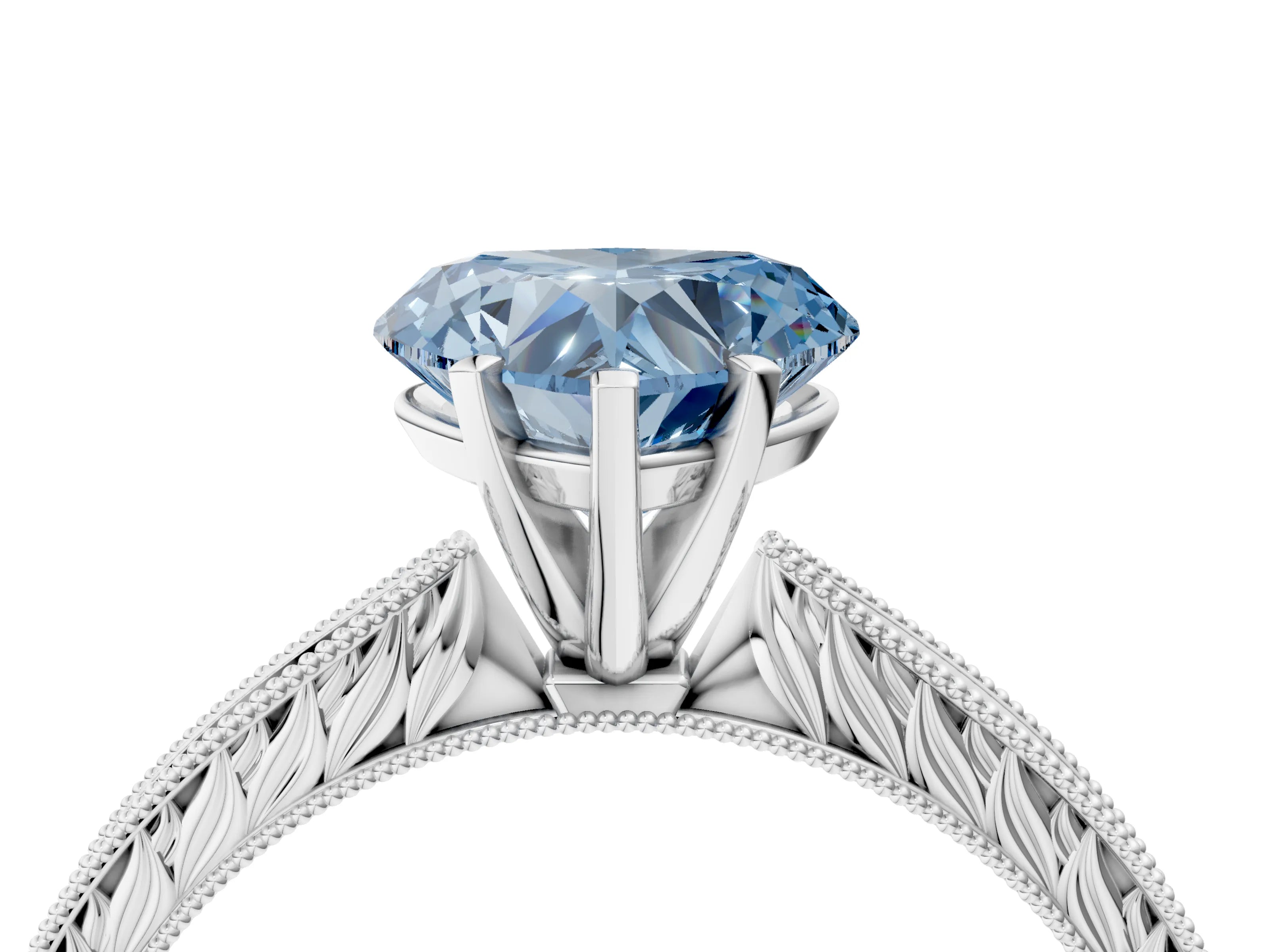 White gold Fancy Blue Heart Cut Solitaire Milgrain Engraved Band with Four-Prong Setting_4