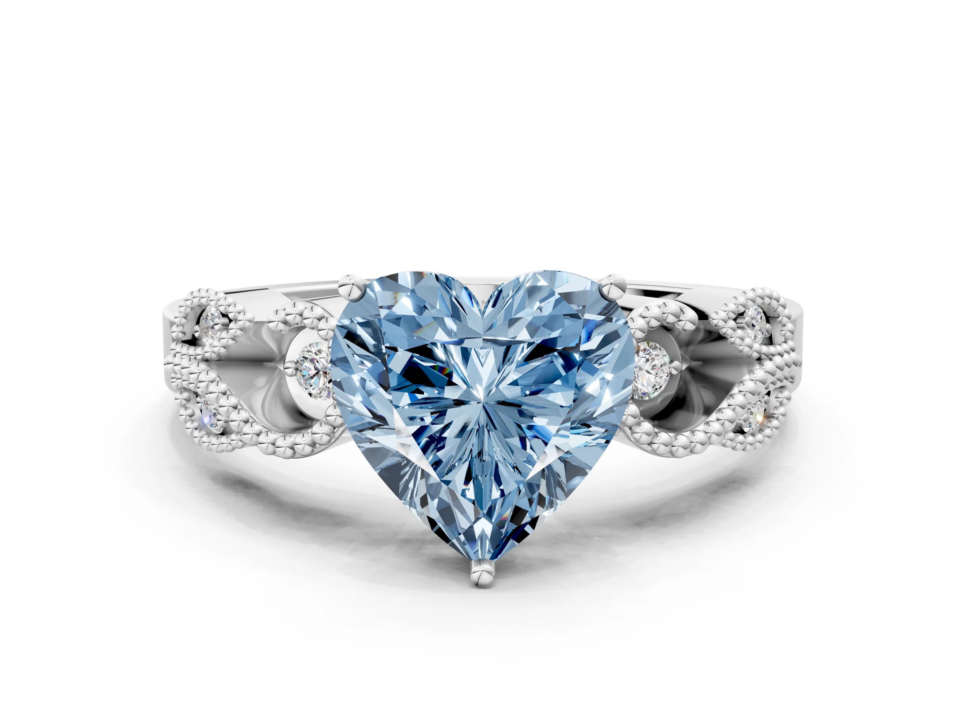 White gold Fancy Blue Heart Cut Solitaire Milgrain Leaf Band with Prong Setting