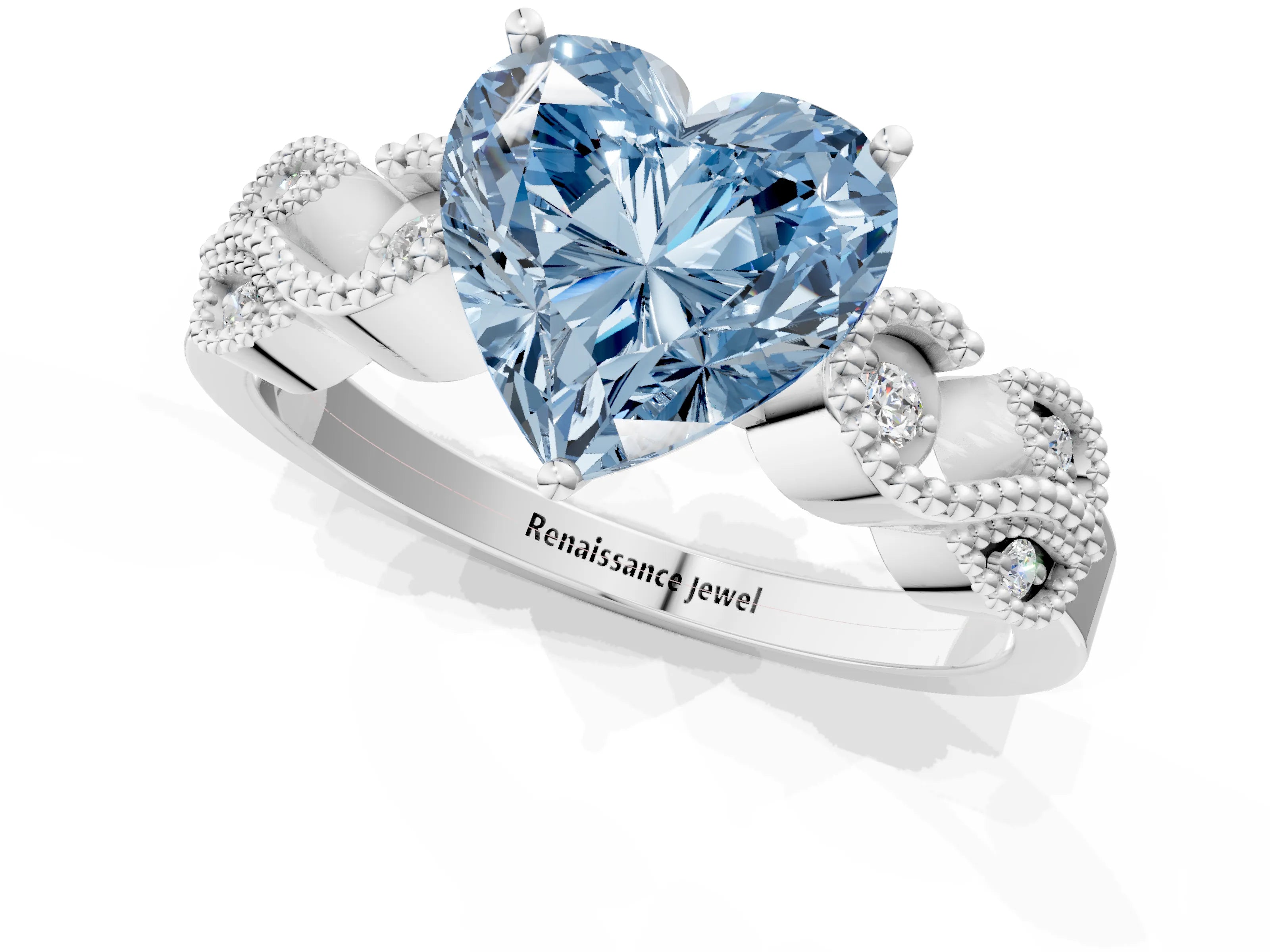 White gold Fancy Blue Heart Cut Solitaire Milgrain Leaf Band with Prong Setting_1