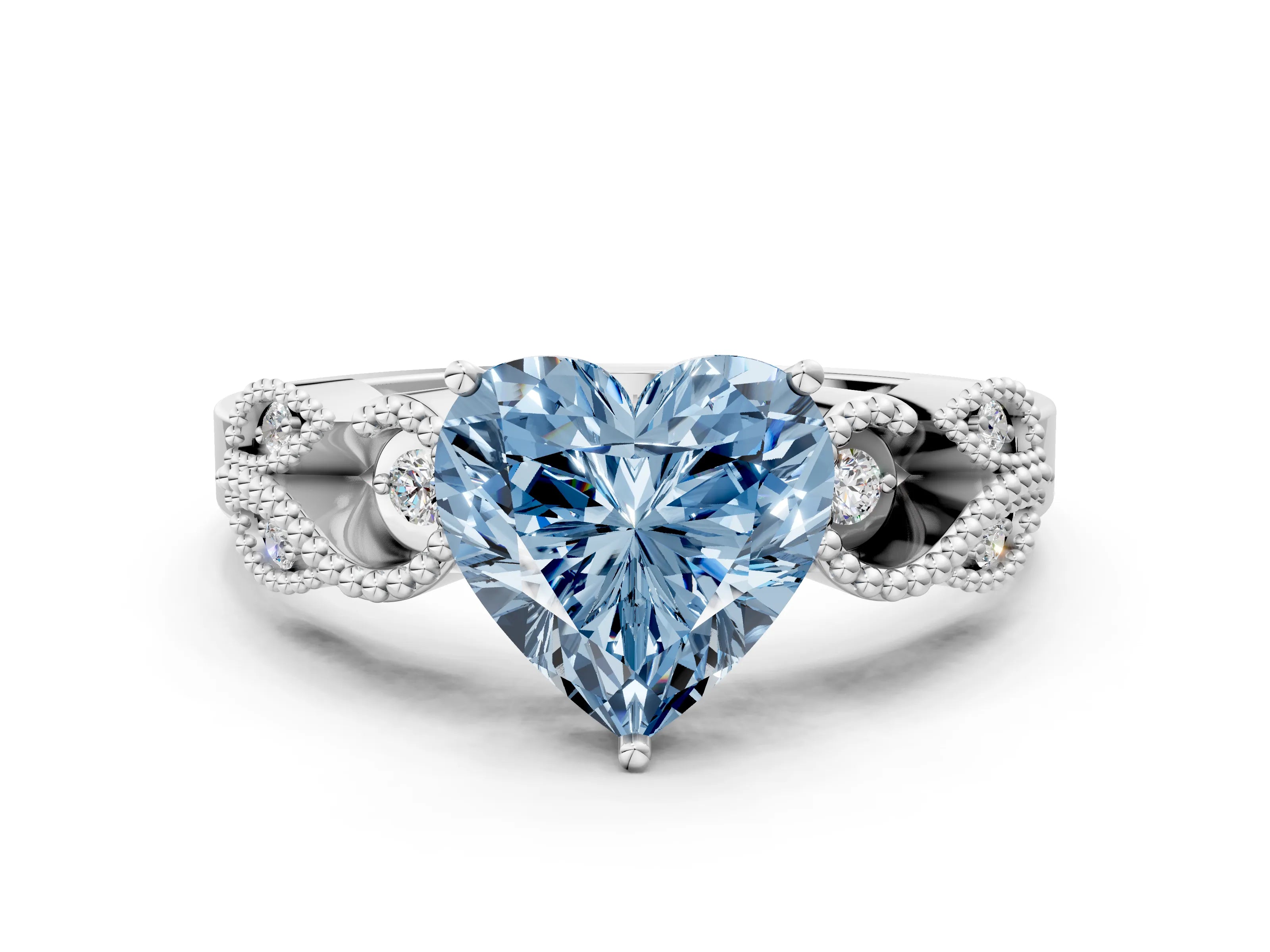 White gold Fancy Blue Heart Cut Solitaire Milgrain Leaf Band with Prong Setting_12