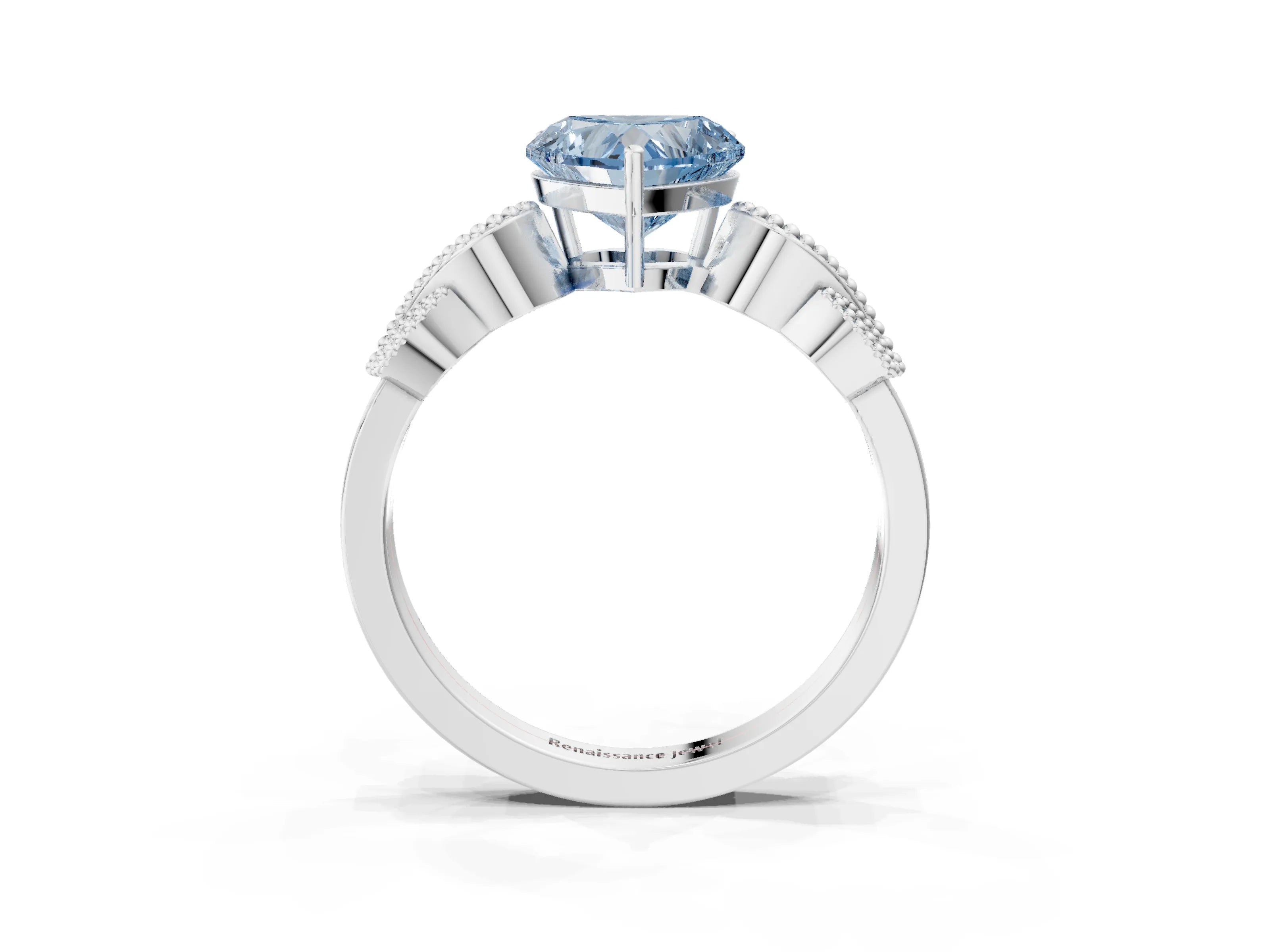 White gold Fancy Blue Heart Cut Solitaire Milgrain Leaf Band with Prong Setting_3