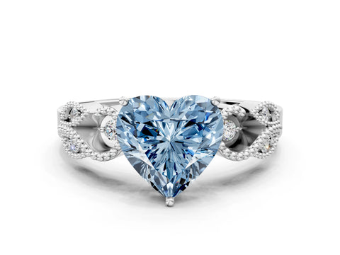 White gold Fancy Blue Heart Cut Solitaire Milgrain Leaf Band with Prong Setting