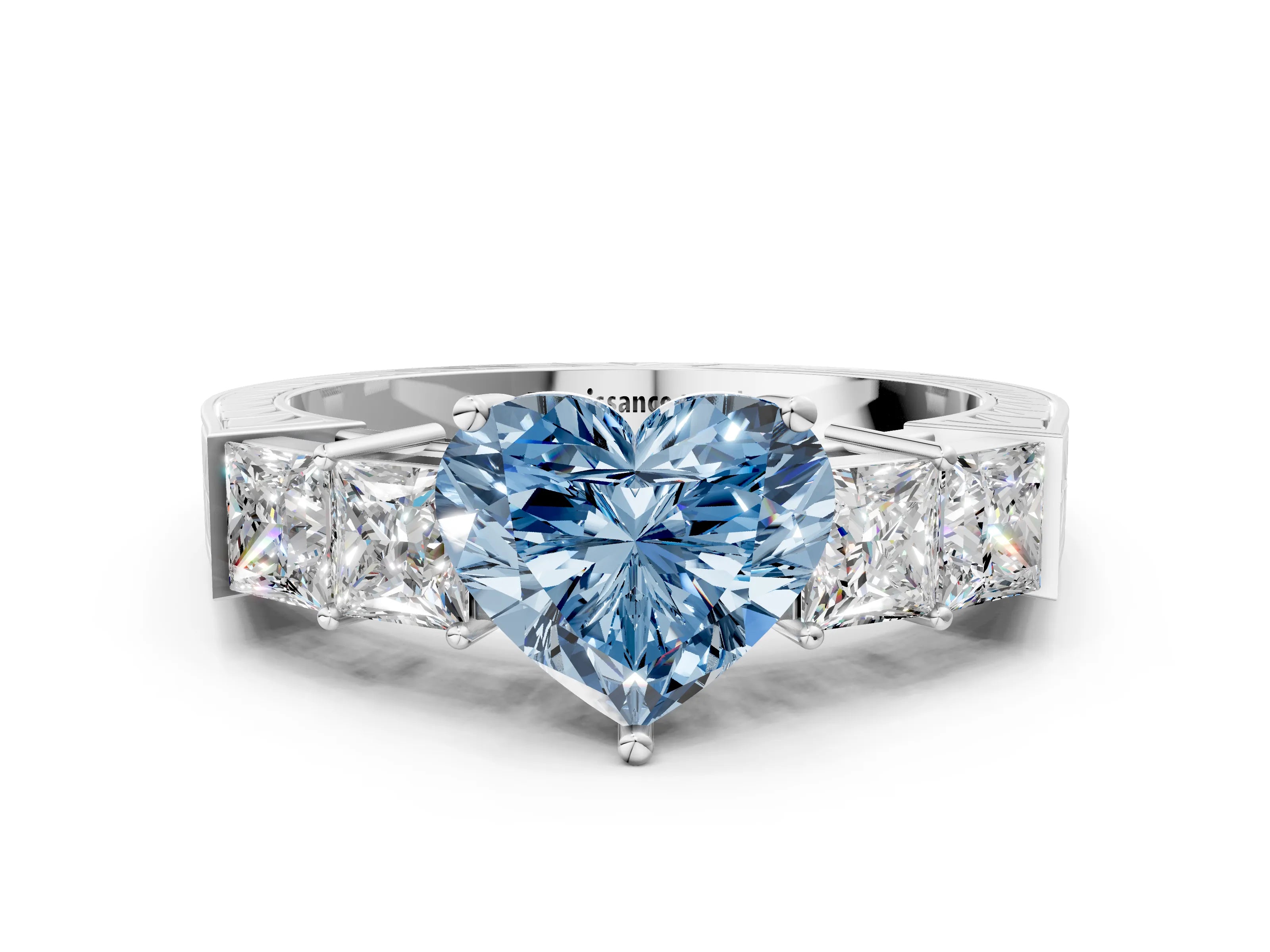 White gold Fancy Blue Heart Cut Solitaire Princess Side Stone Engraved Band Prong Setting Ring