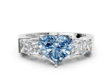 White gold Fancy Blue Heart Cut Solitaire Princess Side Stone Engraved Band Prong Setting Ring_12