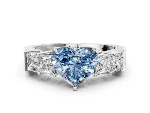White gold Fancy Blue Heart Cut Solitaire Princess Side Stone Engraved Band Prong Setting Ring_12
