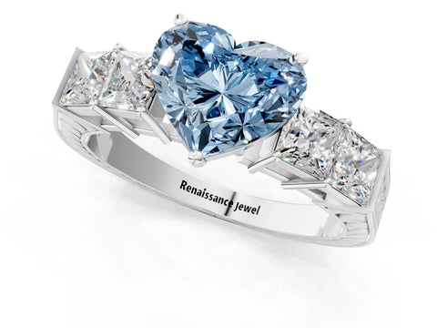 White gold Fancy Blue Heart Cut Solitaire Princess Side Stone Engraved Band Prong Setting Ring_13