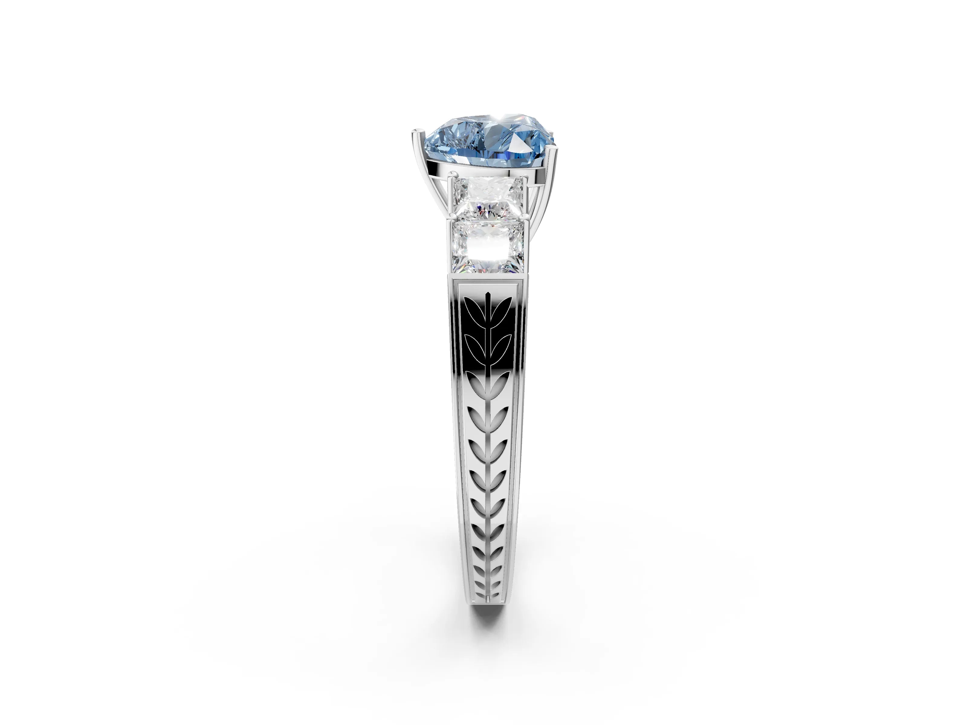 White gold Fancy Blue Heart Cut Solitaire Princess Side Stone Engraved Band Prong Setting Ring_14