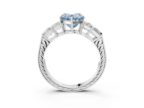 White gold Fancy Blue Heart Cut Solitaire Princess Side Stone Engraved Band Prong Setting Ring_15
