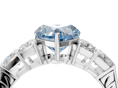 White gold Fancy Blue Heart Cut Solitaire Princess Side Stone Engraved Band Prong Setting Ring_16