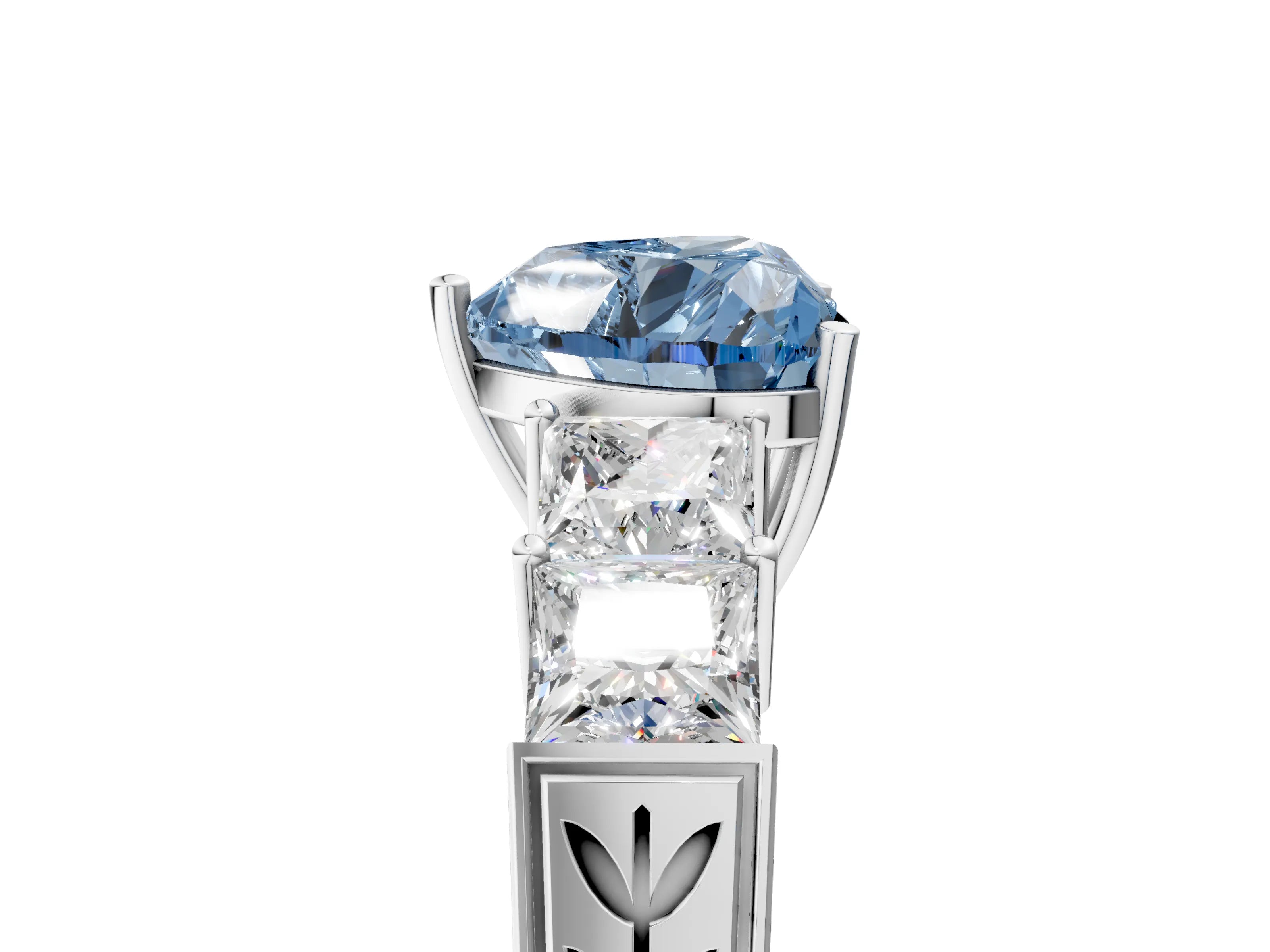 White gold Fancy Blue Heart Cut Solitaire Princess Side Stone Engraved Band Prong Setting Ring_17