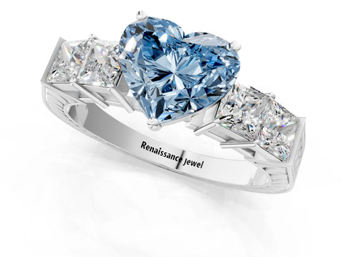 White gold Fancy Blue Heart Cut Solitaire Princess Side Stone Engraved Band Prong Setting Ring_1