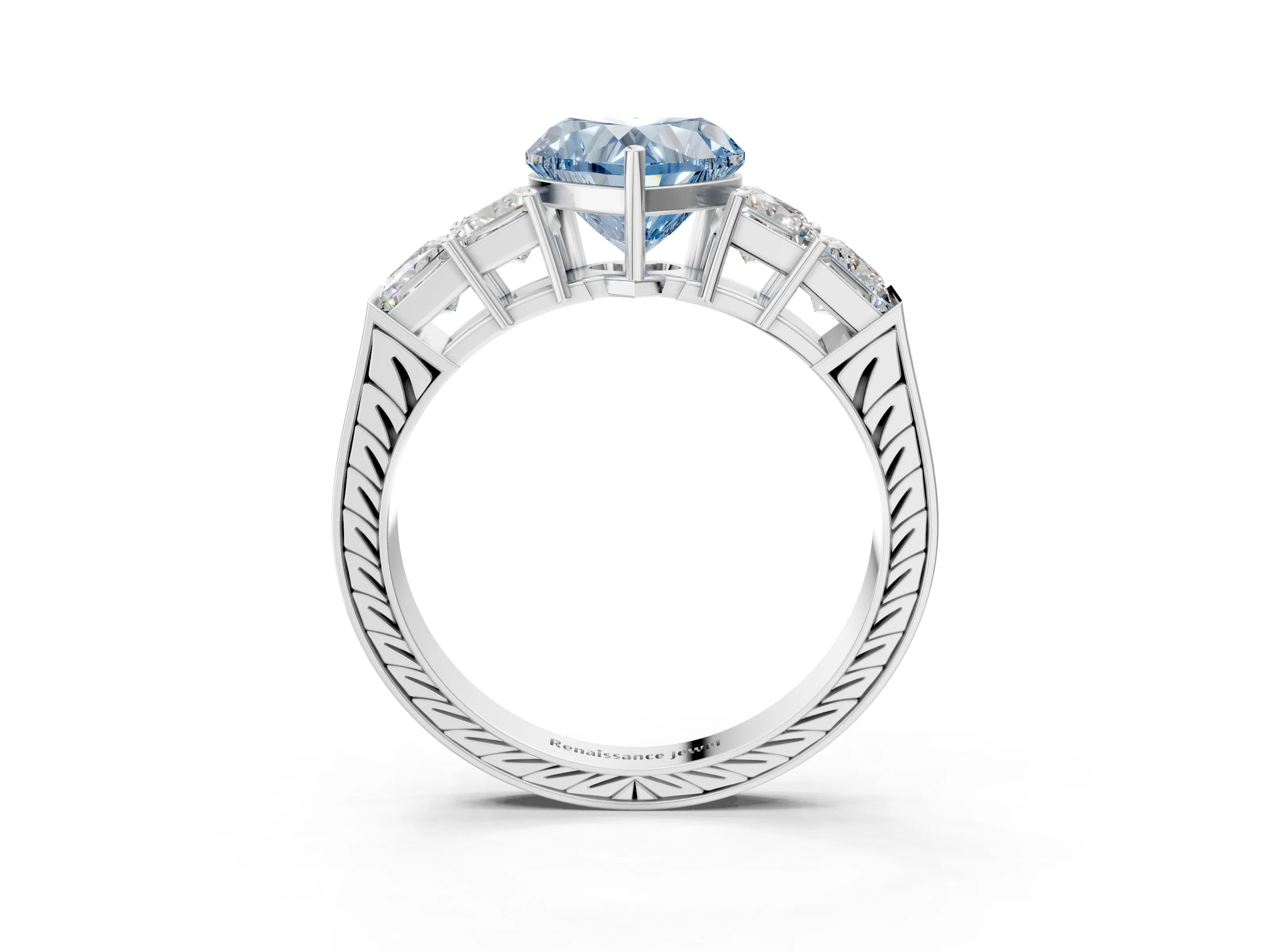 White gold Fancy Blue Heart Cut Solitaire Princess Side Stone Engraved Band Prong Setting Ring_3