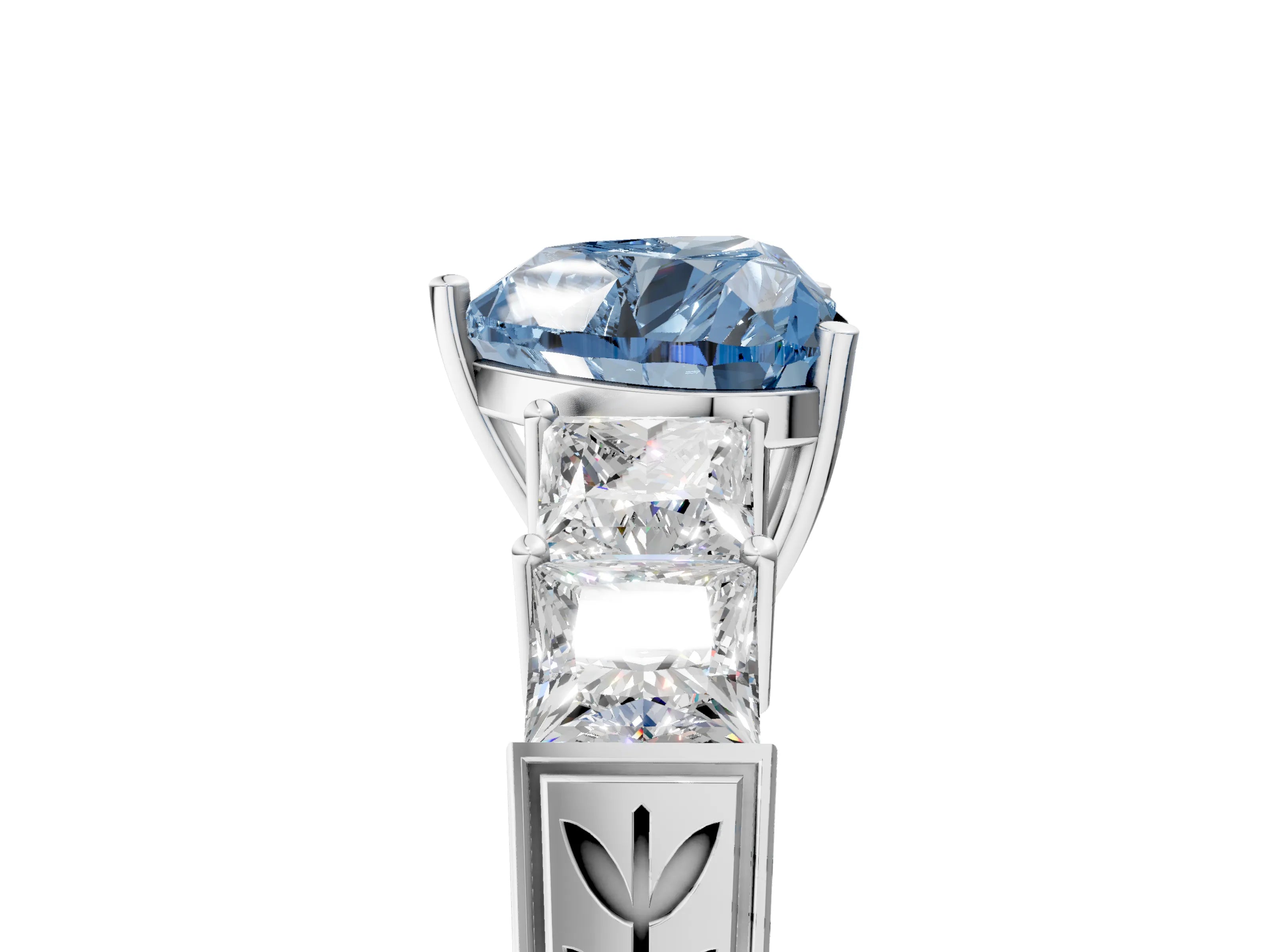 White gold Fancy Blue Heart Cut Solitaire Princess Side Stone Engraved Band Prong Setting Ring_5