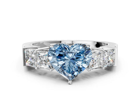 White gold Fancy Blue Heart Cut Solitaire Princess Side Stone Engraved Band Prong Setting Ring