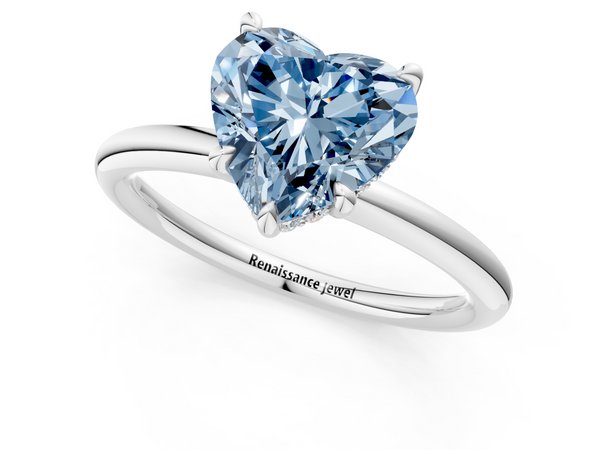 Platinum Fancy Blue Heart Cut Diamond Solitaire Ring with Thin Band and Four-Prong Setting