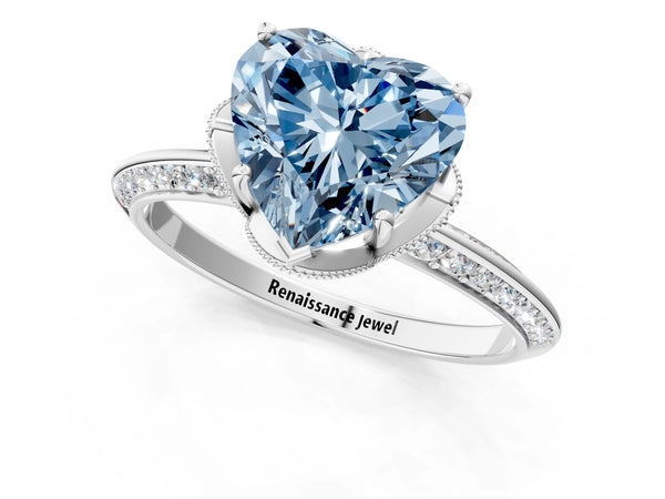 White Gold Heart-Shaped Graduated Pave Engagement Ring Setting for Fancy Blue Center