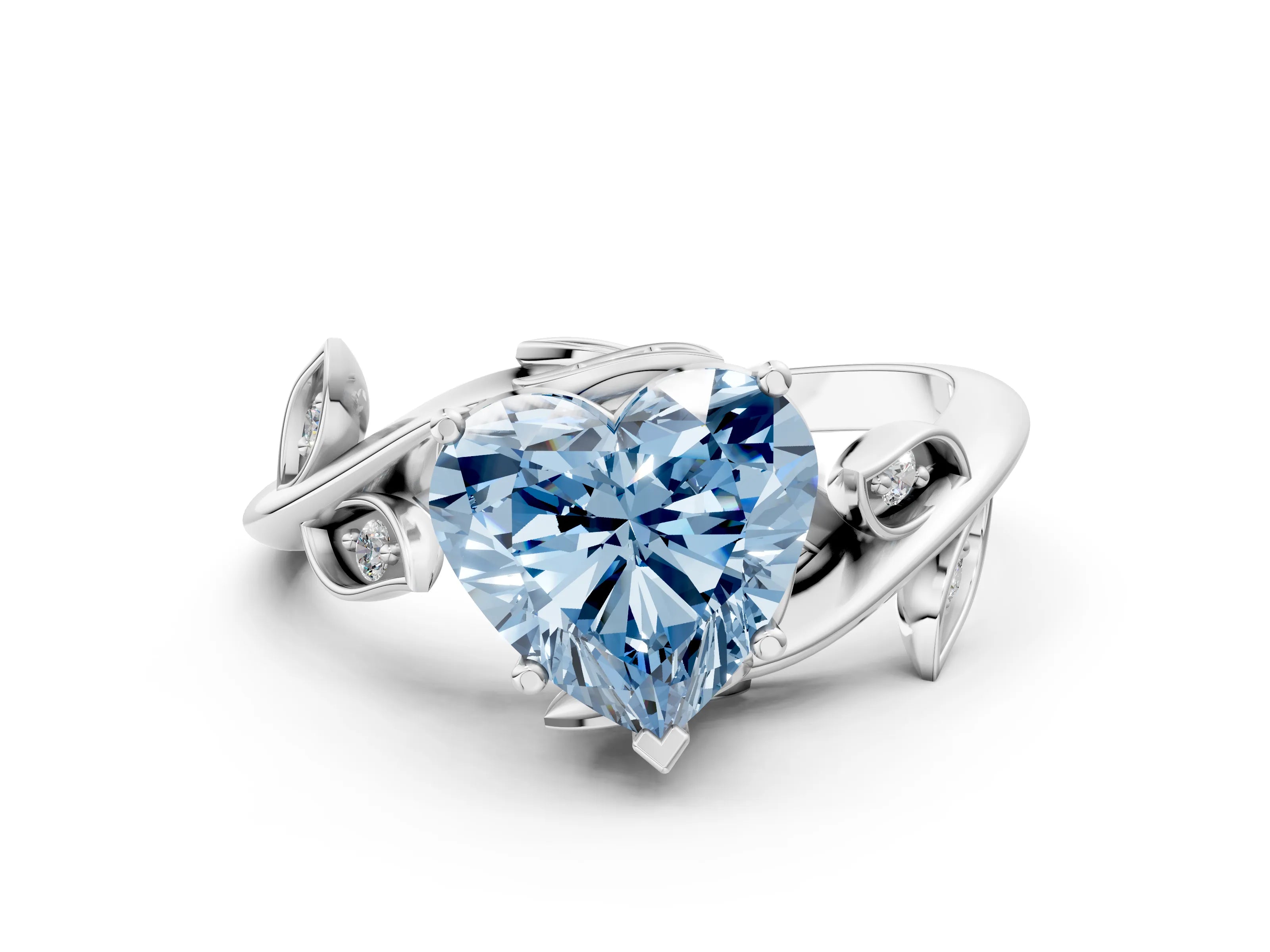 White gold Fancy Blue Heart Cut Solitaire Twist Engagement Ring with Leaf Accents and Prong Setting_12