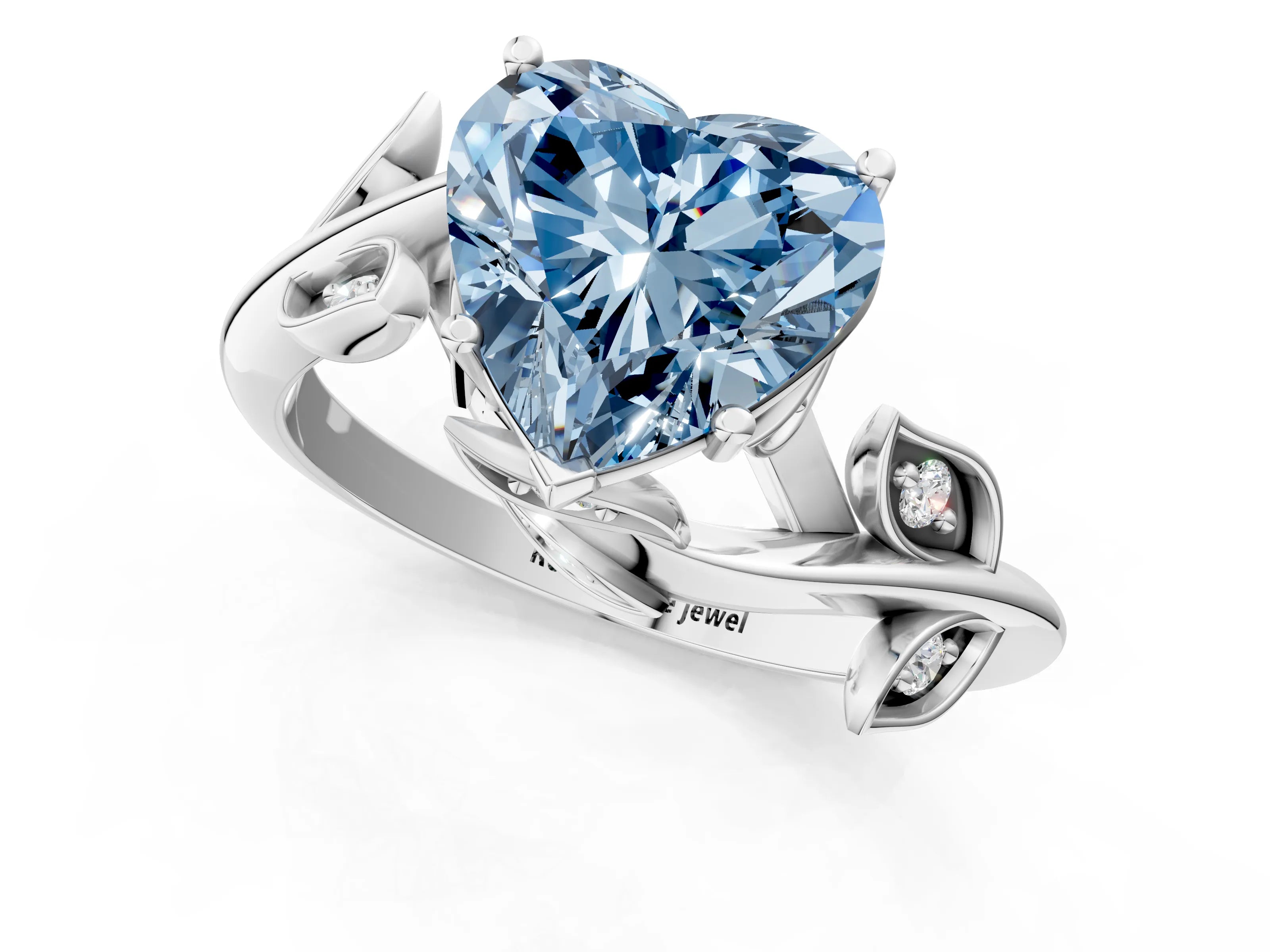 White gold Fancy Blue Heart Cut Solitaire Twist Engagement Ring with Leaf Accents and Prong Setting_13