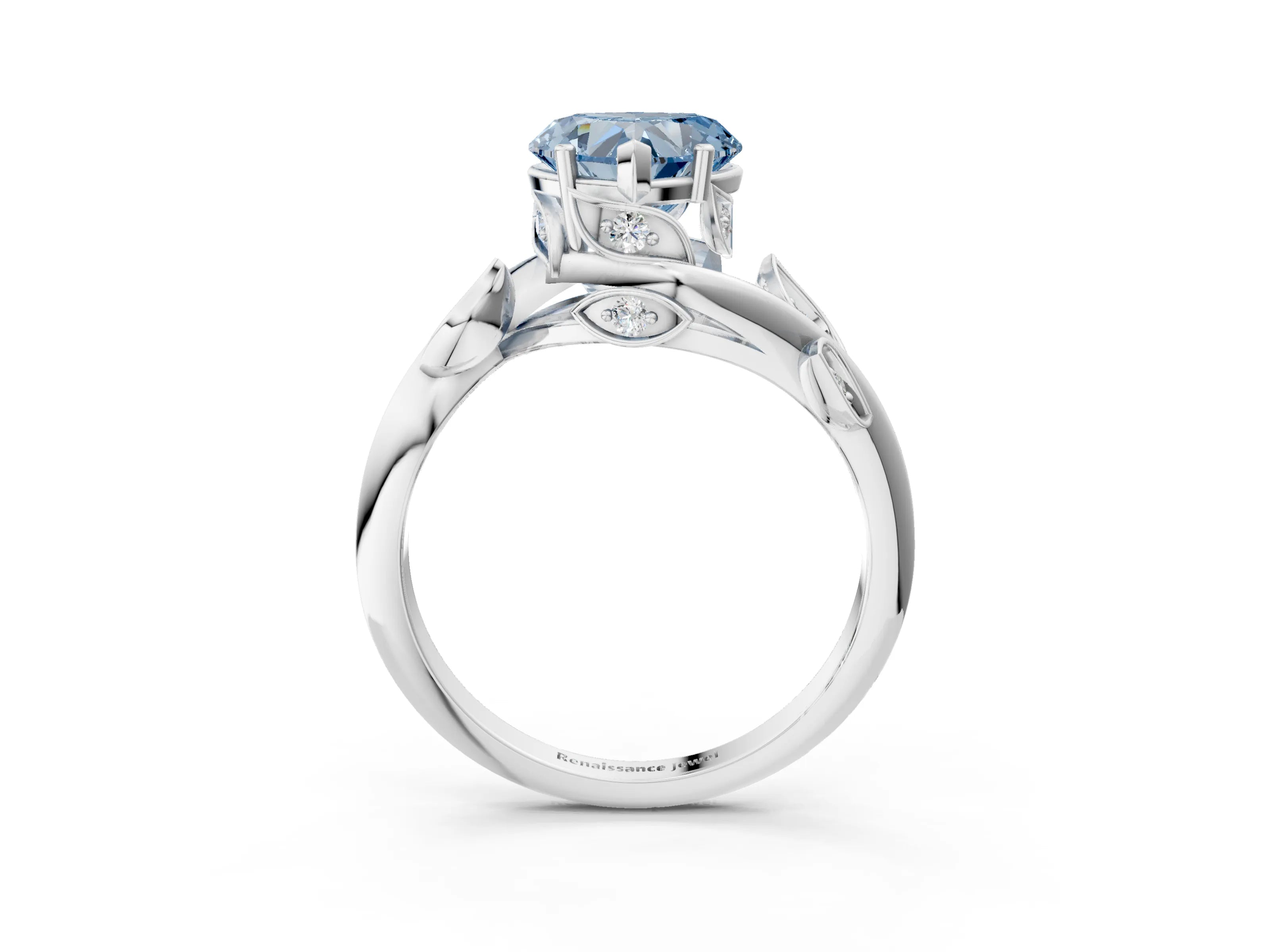 White gold Fancy Blue Heart Cut Solitaire Twist Engagement Ring with Leaf Accents and Prong Setting_15