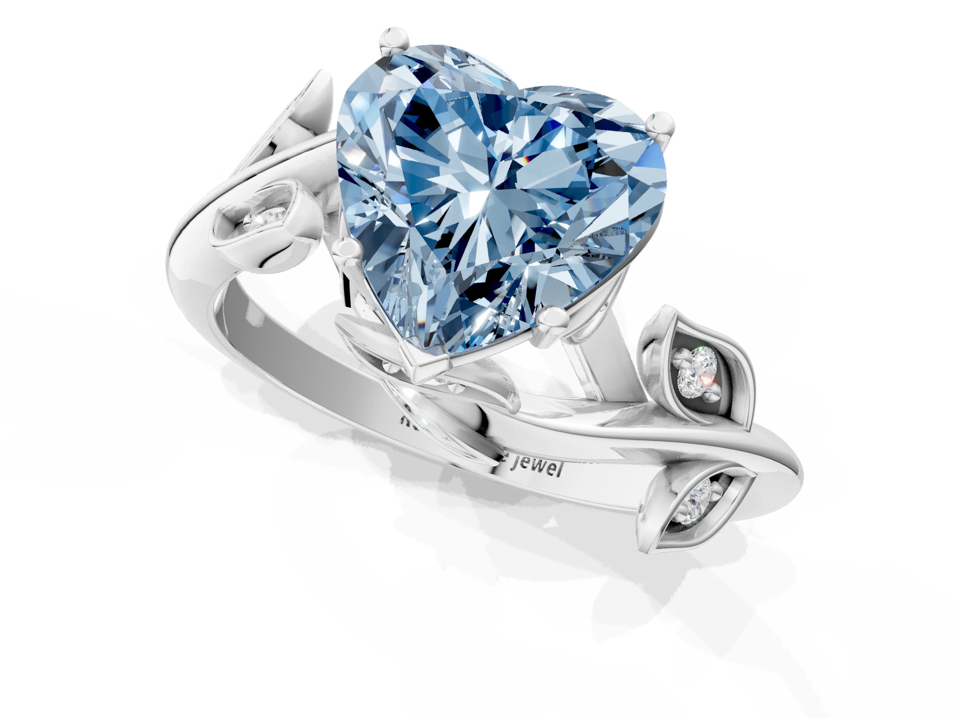 White gold Fancy Blue Heart Cut Solitaire Twist Engagement Ring with Leaf Accents and Prong Setting_1