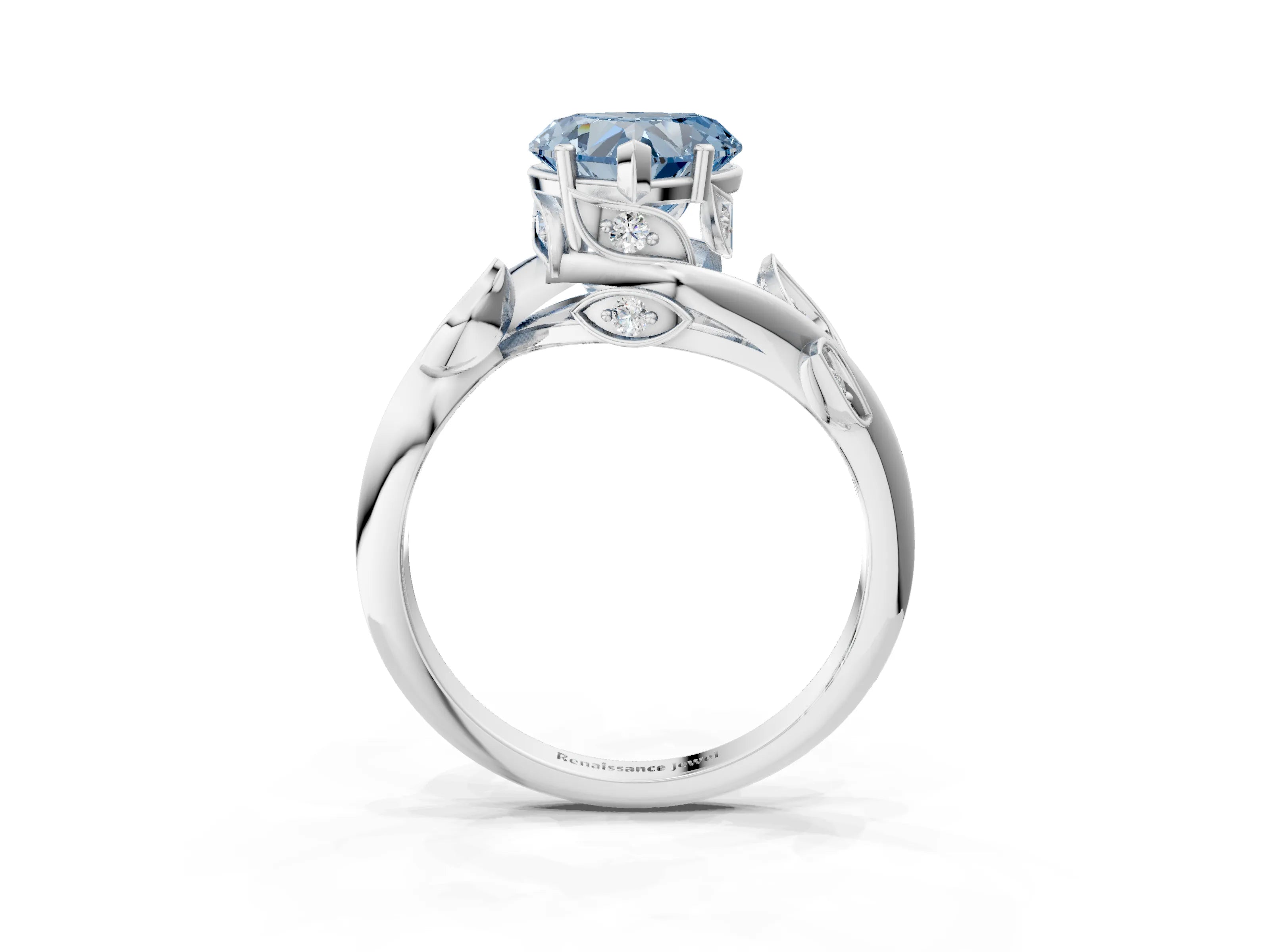 White gold Fancy Blue Heart Cut Solitaire Twist Engagement Ring with Leaf Accents and Prong Setting_3