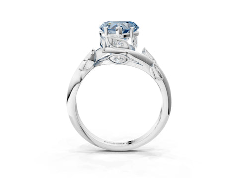 White gold Fancy Blue Heart Cut Solitaire Twist Engagement Ring with Leaf Accents and Prong Setting_3