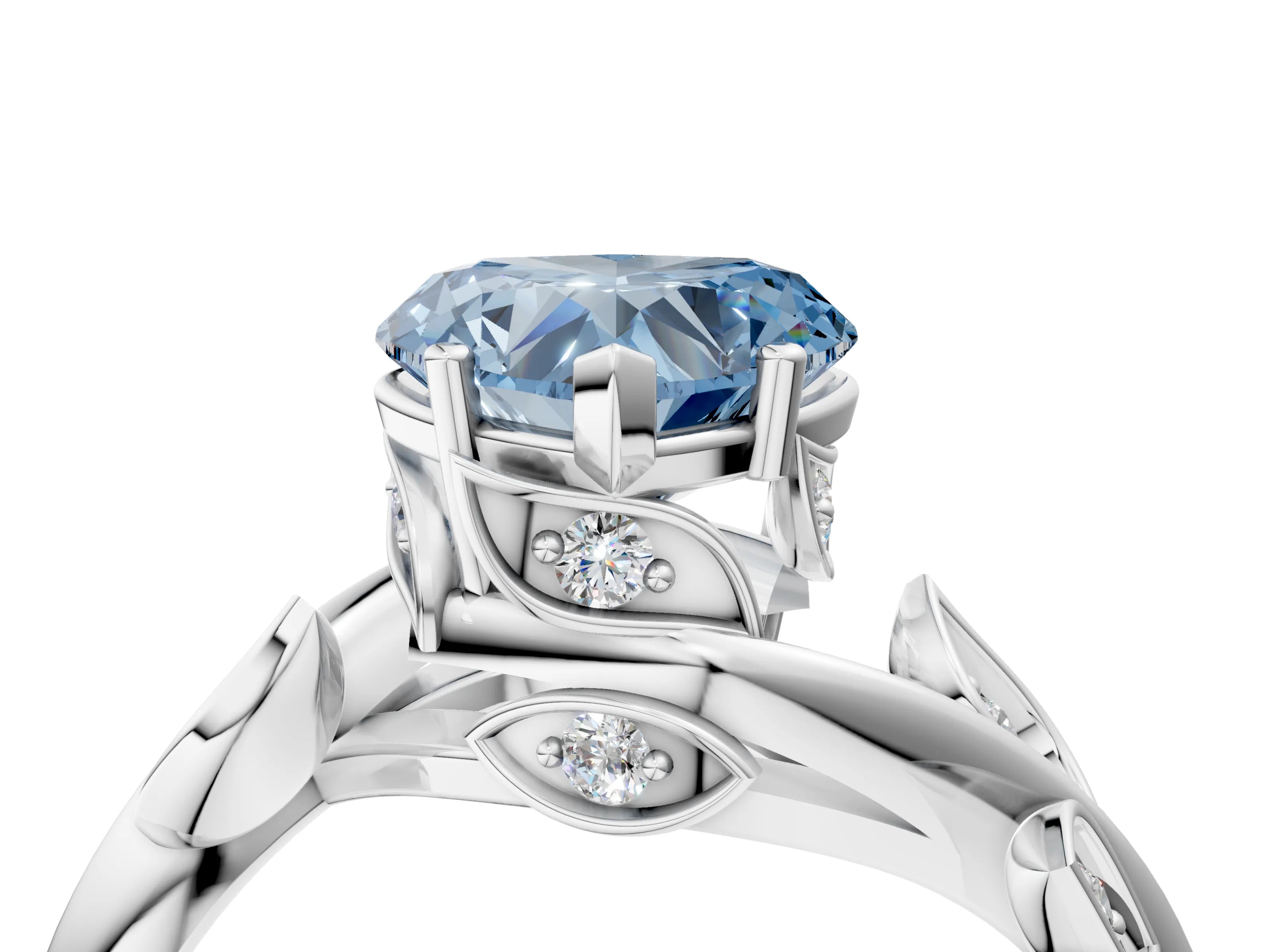 White gold Fancy Blue Heart Cut Solitaire Twist Engagement Ring with Leaf Accents and Prong Setting_4