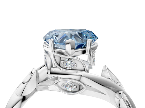 White gold Fancy Blue Heart Cut Solitaire Twist Engagement Ring with Leaf Accents and Prong Setting_4