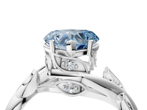 White gold Fancy Blue Heart Cut Solitaire Twist Engagement Ring with Leaf Accents and Prong Setting_4