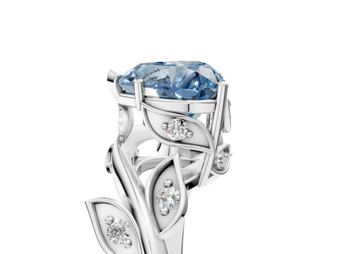 White gold Fancy Blue Heart Cut Solitaire Twist Engagement Ring with Leaf Accents and Prong Setting_5
