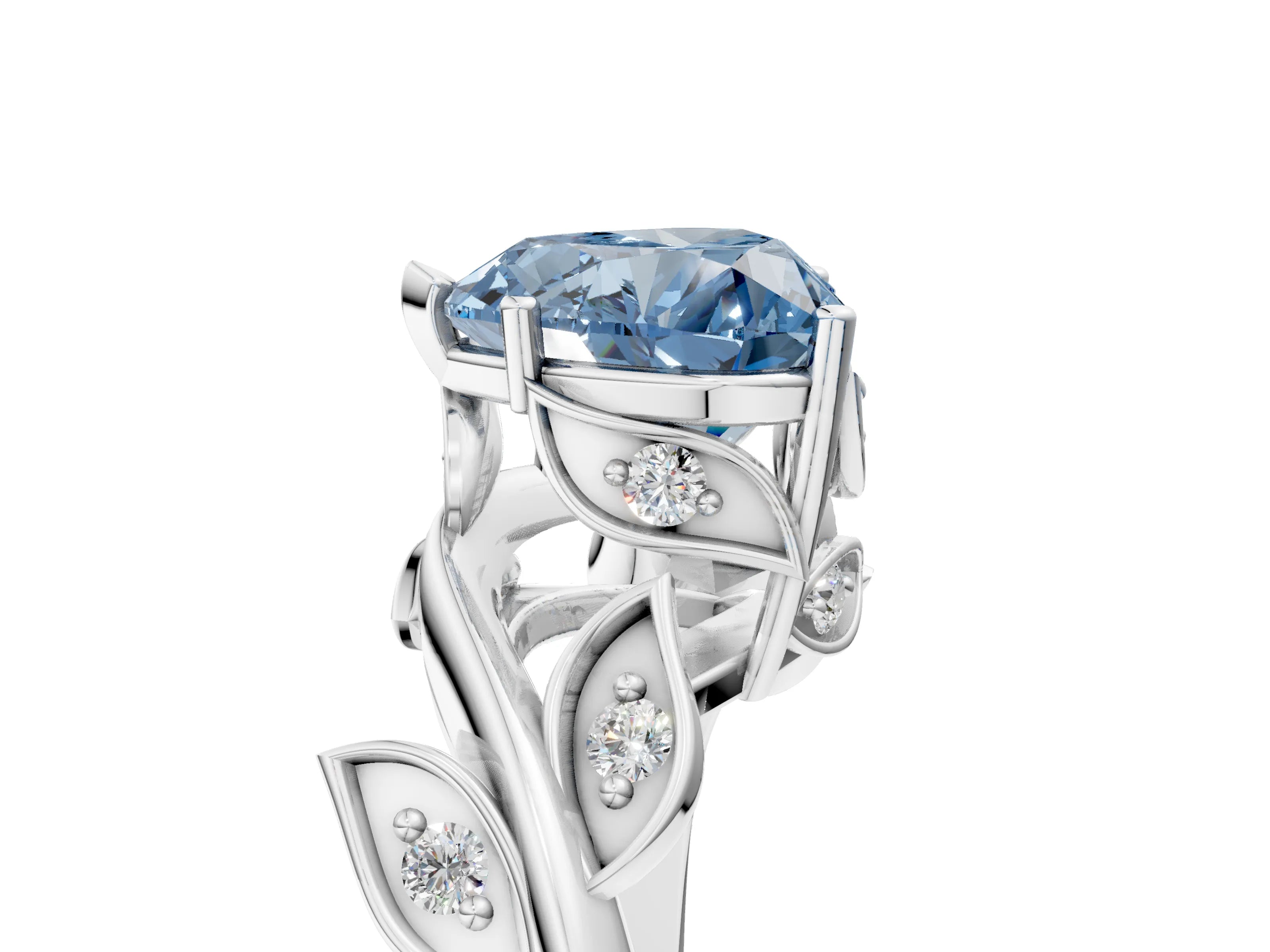 White gold Fancy Blue Heart Cut Solitaire Twist Engagement Ring with Leaf Accents and Prong Setting_5