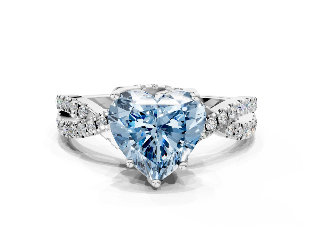 White gold Fancy Blue Heart Cut Solitaire Twist Pave Diamond Engagement Ring with Prong Setting