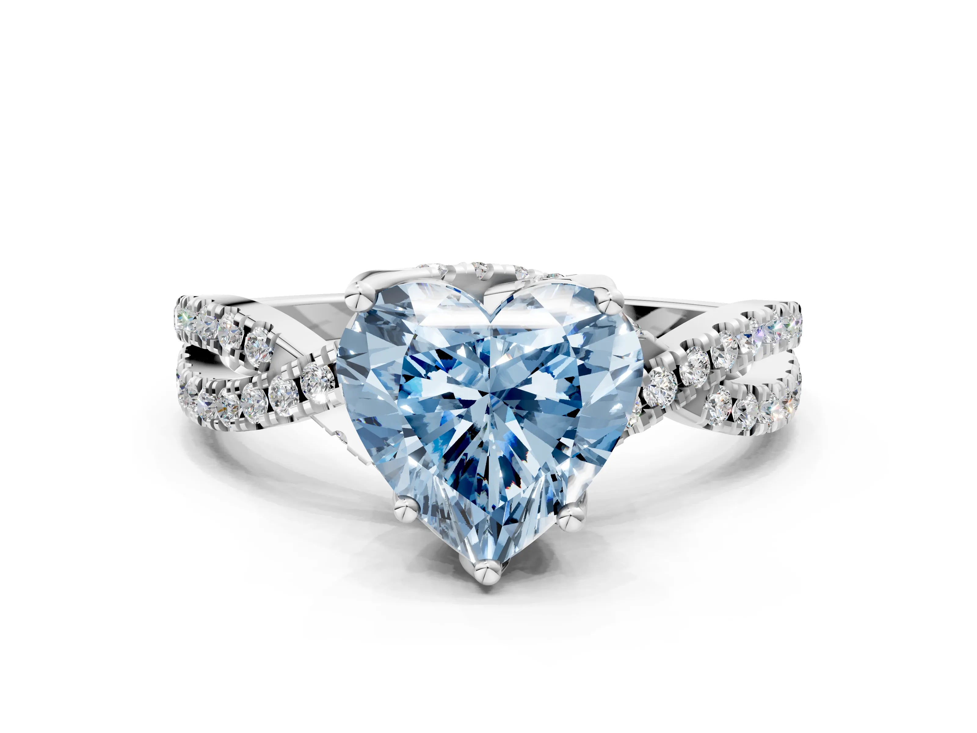 White gold Fancy Blue Heart Cut Solitaire Twist Pave Diamond Engagement Ring with Prong Setting