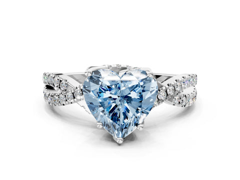White gold Fancy Blue Heart Cut Solitaire Twist Pave Diamond Engagement Ring with Prong Setting