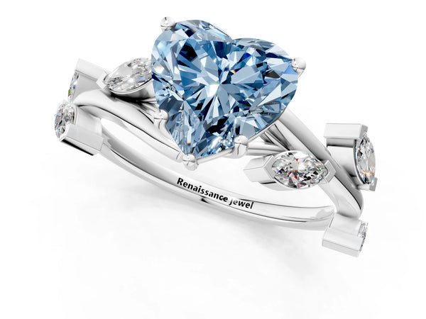 White gold Fancy Blue Heart Cut Solitaire Twisted Band Marquise Accent Prong Setting Ring