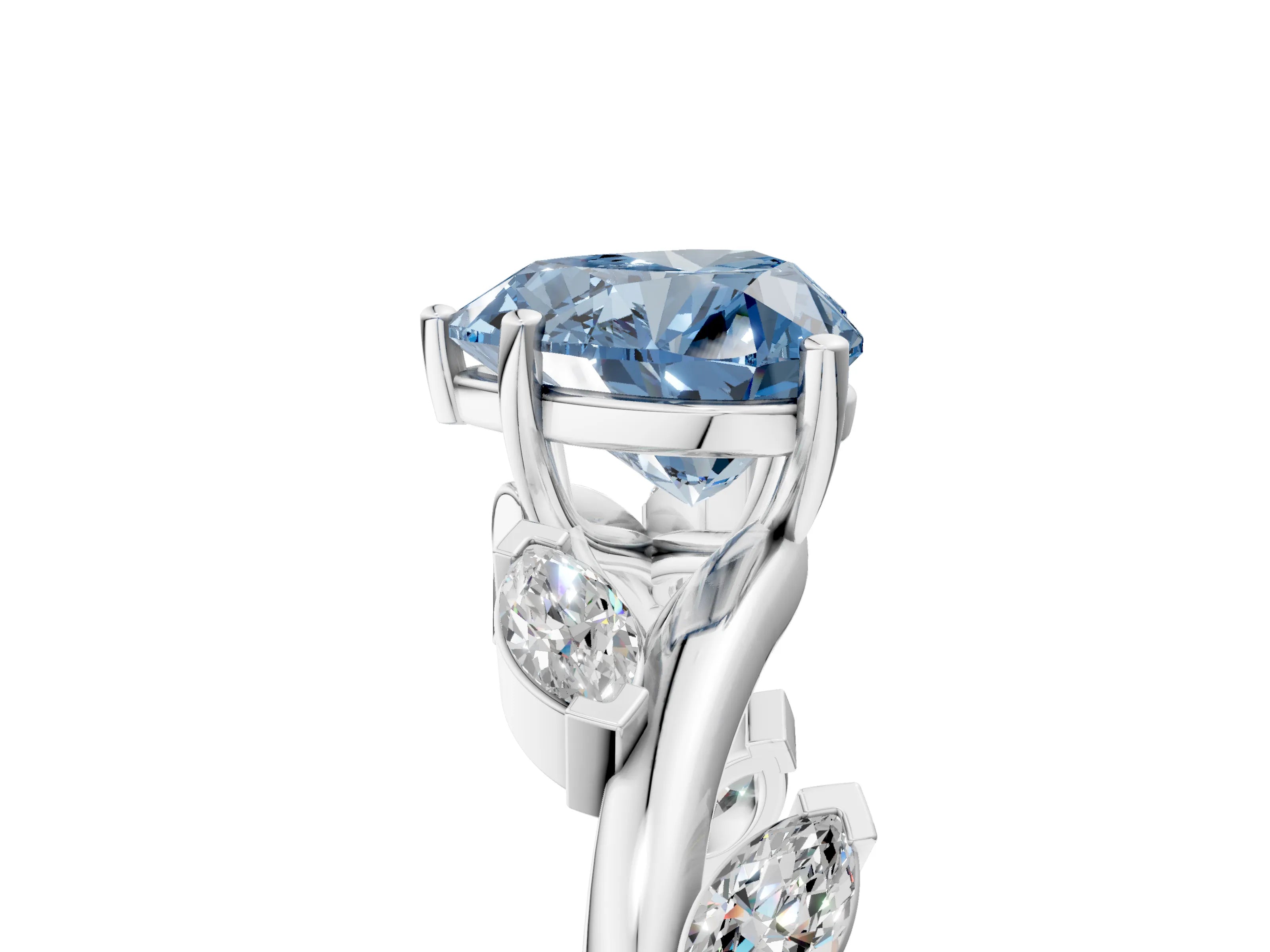 White gold Fancy Blue Heart Cut Solitaire Twisted Band Marquise Accent Prong Setting Ring_5