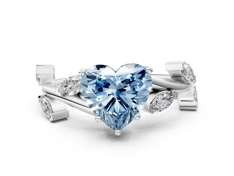White gold Fancy Blue Heart Cut Solitaire Twisted Band Marquise Accent Prong Setting Ring
