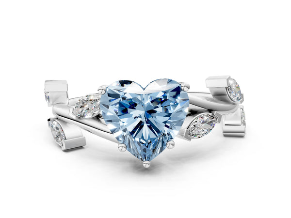 White gold Fancy Blue Heart Cut Solitaire Twisted Band Marquise Accent Prong Setting Ring