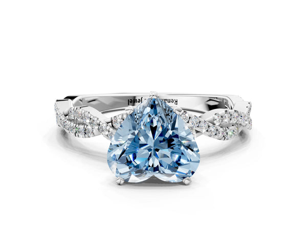 Platinum Fancy Blue Heart Cut Solitaire Twisted Pave Band with Four-Prong Setting