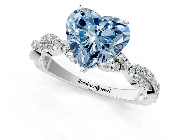 Platinum Fancy Blue Heart Cut Solitaire Twisted Pave Band with Four-Prong Setting