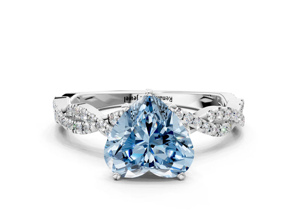 Platinum Fancy Blue Heart Cut Solitaire Twisted Pave Band with Four-Prong Setting