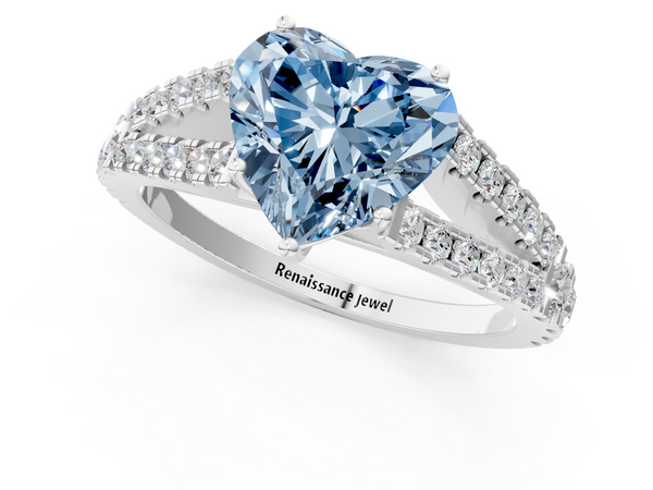 Platinum Fancy Blue Heart  Cut Split Shank Pave Diamond Engagement Ring with Four-Prong Setting